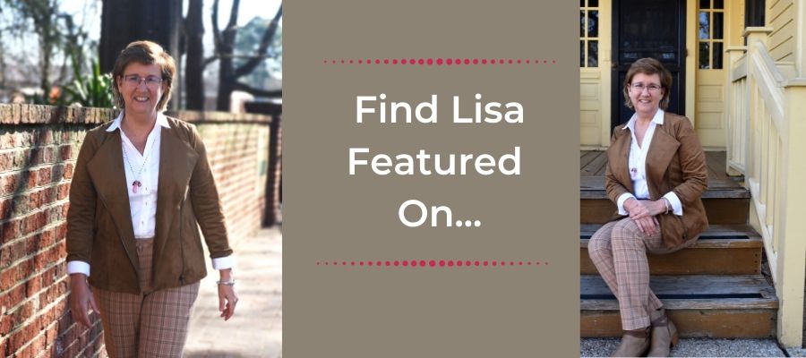 Banner with 2 photos of Lisa Lisson. Dark tan box in middle with white text reading Find Lisa Featured on...