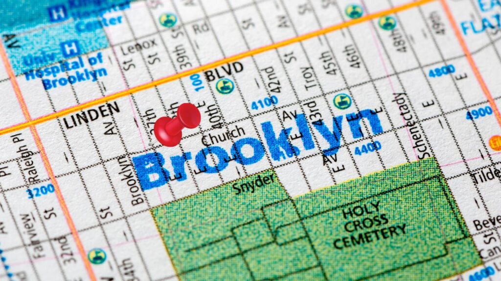 street map of brooklyn, new york with red push pin at 37th street.