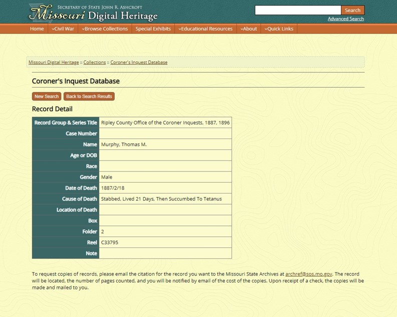 Screensho of Missouri Inquest Index entry for 1887