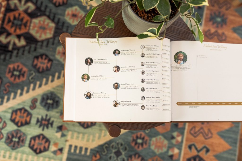 Open family history book with a pedigree chart displated