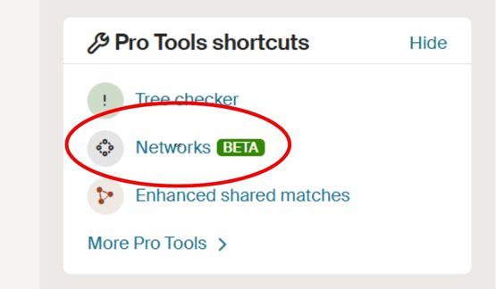 Screenshot of the sidebar on Ancestry.com with the Networks feature circled in red
