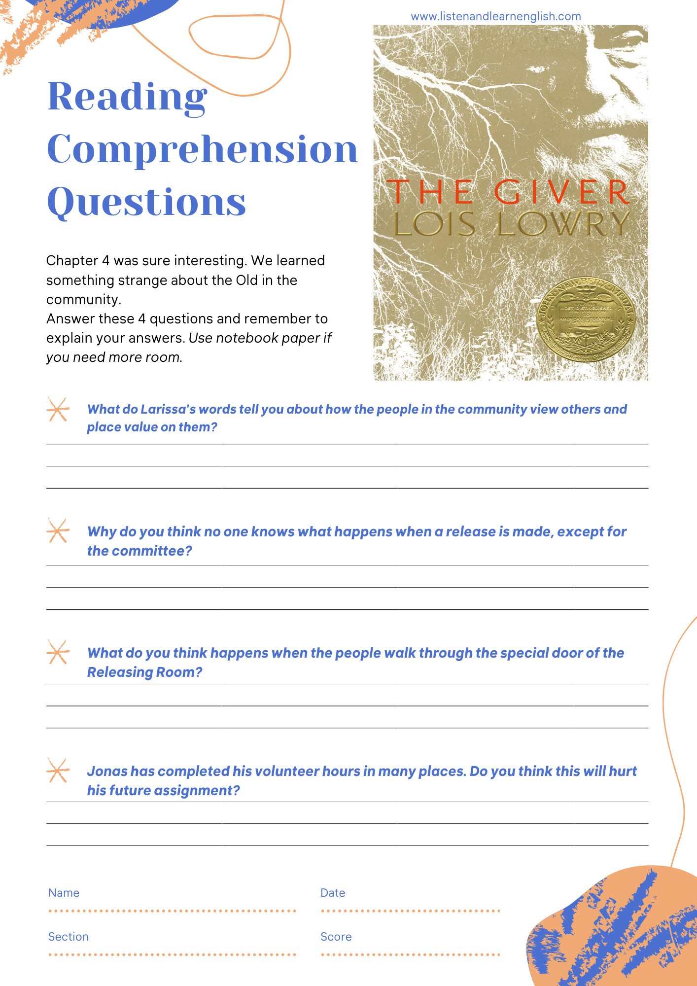 Reading For Fluency and Comprehension The Giver Chapter 4 Video and