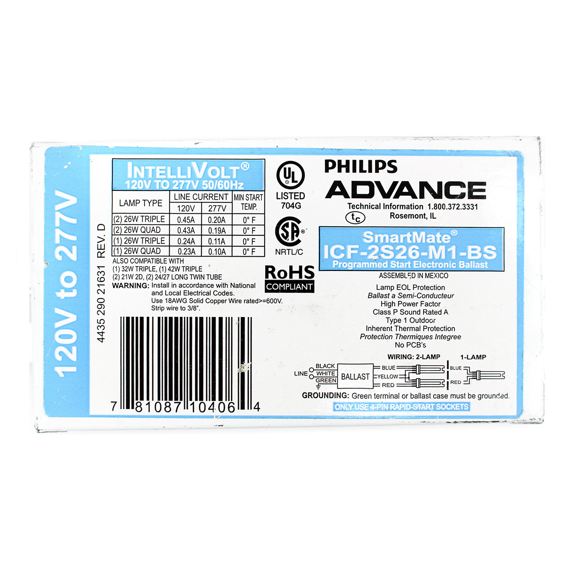 ADVANCED ICF-2S26-M1-BS ELECTRONIC FLUORESCENT BALLAST, 2 LAMP 26W CFL