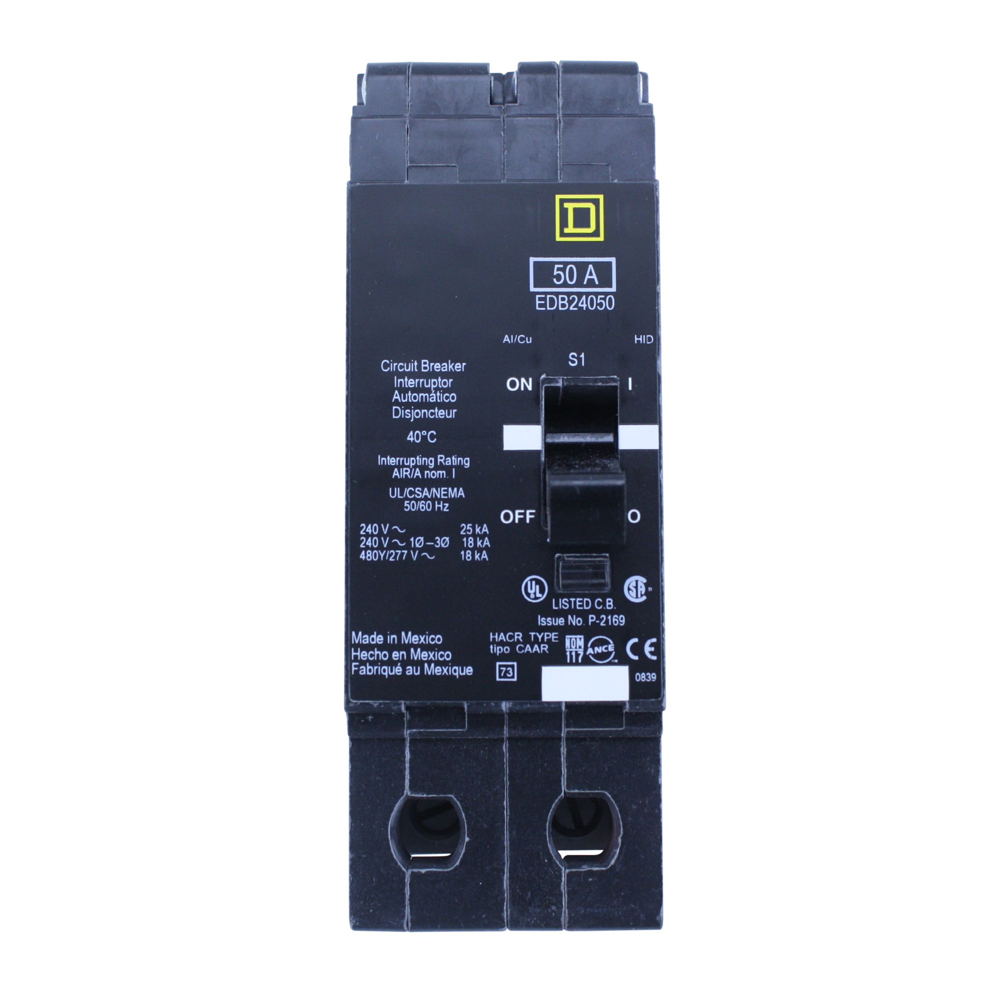SQUARE D EDB24050 2 POLE 50 AMP 480Y/277V 18KA THERMAL CIRCUIT