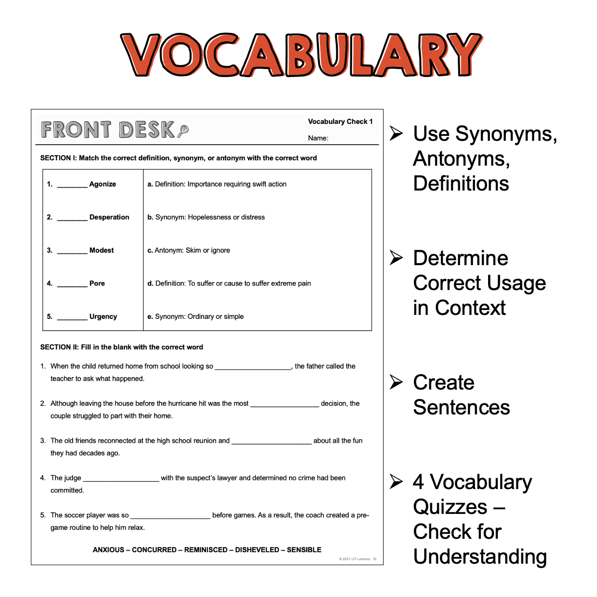 Front Desk Vocabulary LIT Lessons