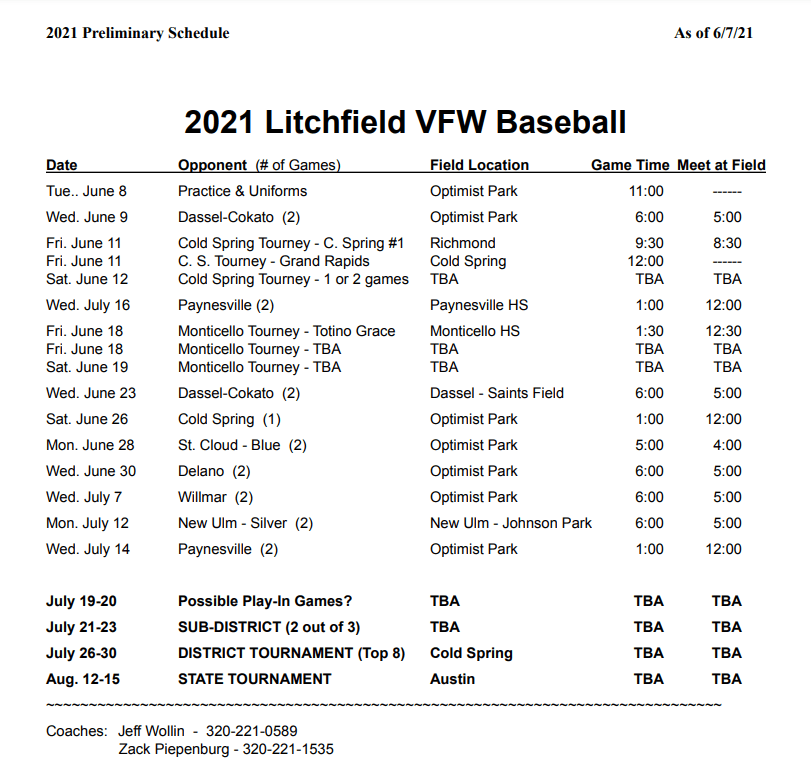VFW Baseball Litchfield Blues