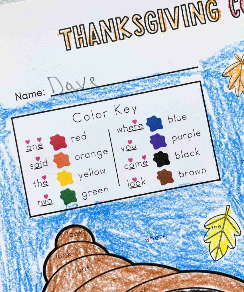 Thanksgiving Color by Sight Word Printables Literacy Learn