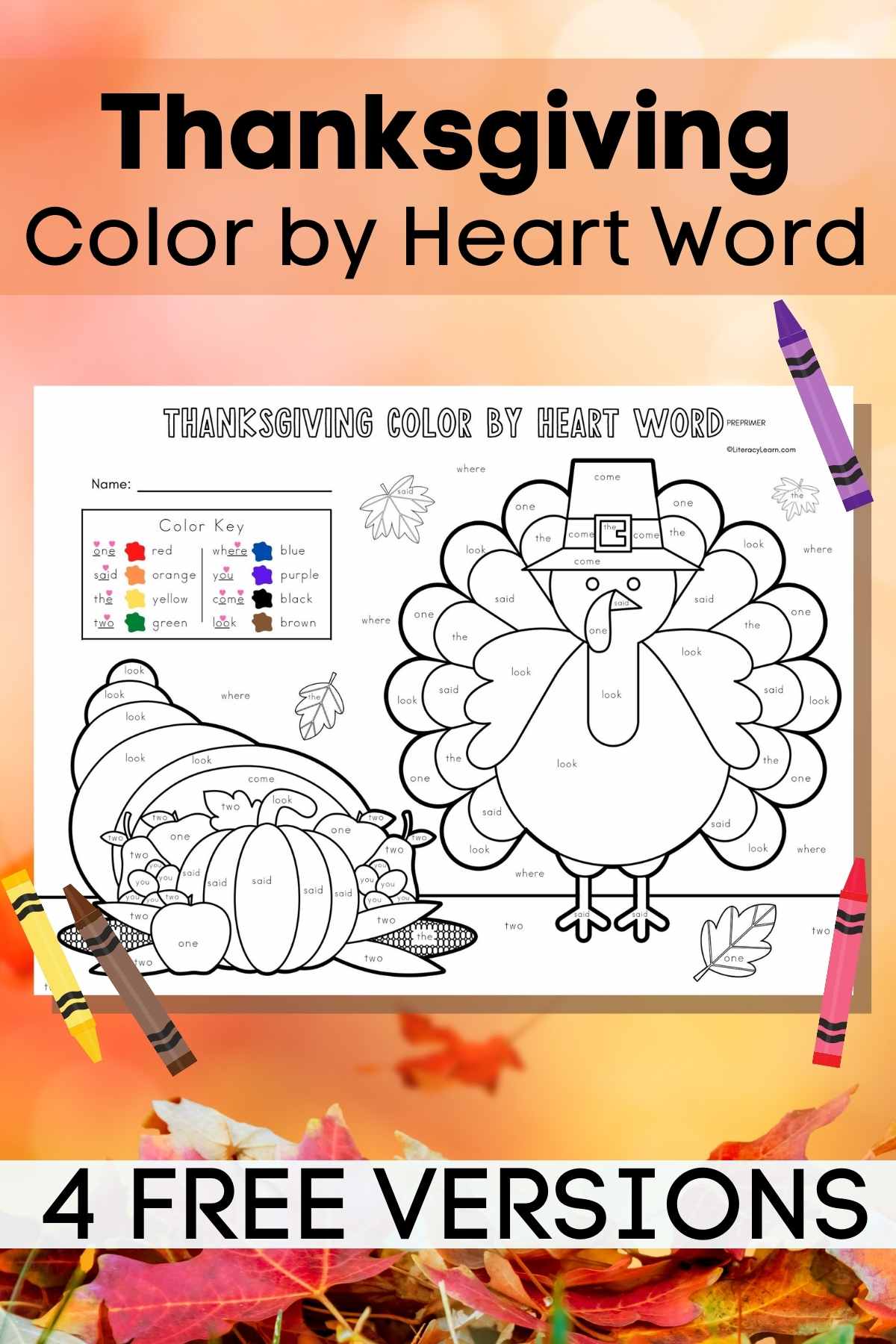 Thanksgiving Color by Sight Word Printables Literacy Learn