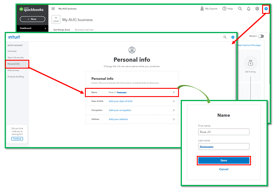 How Do I change my last name in my quickbooks online account?