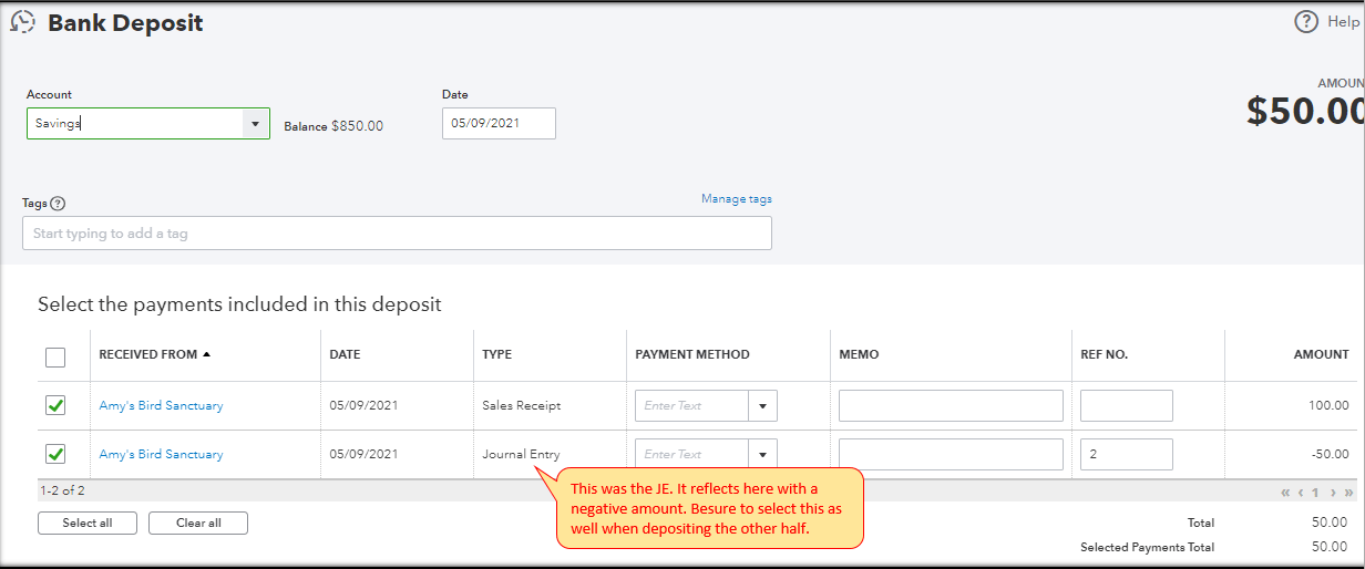 Solved How to split a manual deposit from Undeposited Funds to go to 2