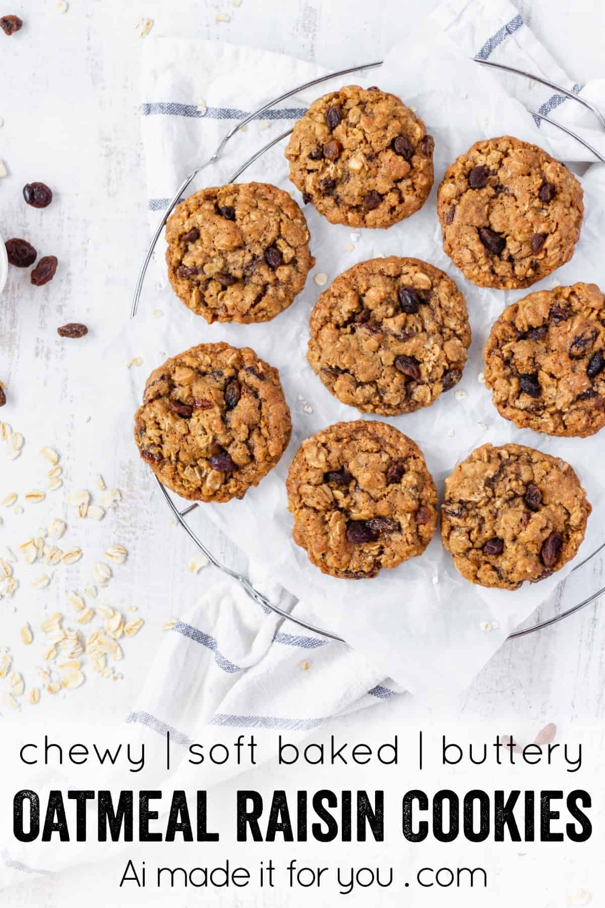 These chewy oatmeal raisin cookies are irresistible! Browned butter, brown sugar, cinnamon, and nutmeg make these cookies soft and delicious! #oatmealcookies #oatmealraisin #cinnamon #nutmeg #rolledoats