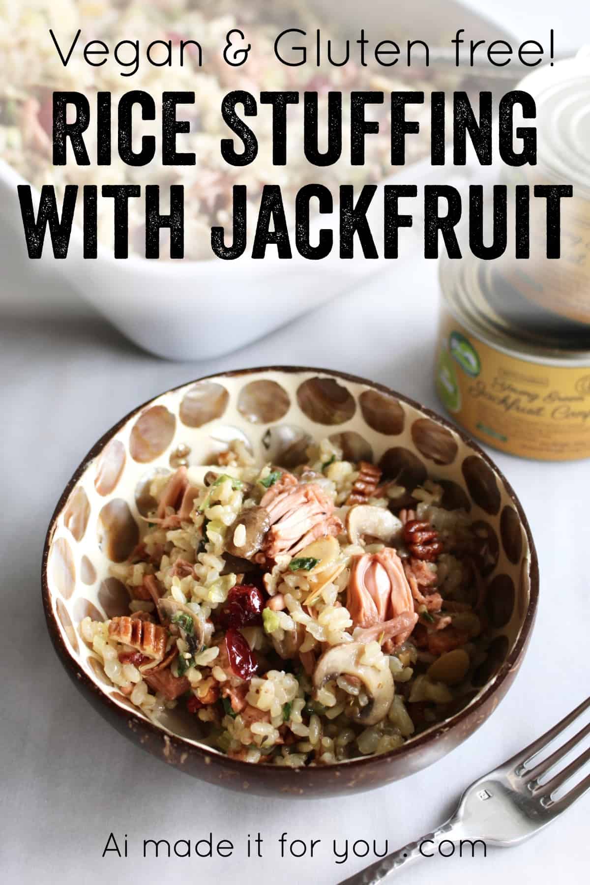 This rice stuffing with jackfruit is truly THE BEST stuffing ever! It’s both vegan and gluten free so everyone can enjoy it, making it perfect for the holidays when you have guests with different dietary restrictions. Full of brown rice, vegetables, cranberries, nuts, and jackfruit confit, there’s so much flavor in this stuffing you won’t be missing the meat! This is sure to be your new go to stuffing recipe for Thanksgiving and Christmas! #rice #ricestuffing #stuffing #thanksgiving #christmas #dinner #glutenfree #vegan #vegetarian #brownrice #easy #jackfruit #meatsubstitute #meatless #holidays #fall #winter #recipe #beststuffing #cranberries #almonds #pecans
