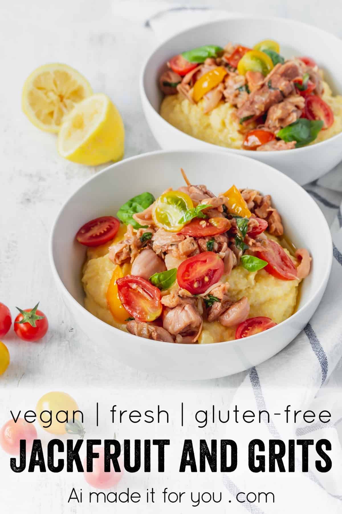 This vegan grits recipe is the perfect gluten-free meal! Creamy vegan polenta cooked in coconut milk is topped with savory jackfruit confit with tomatoes and basil! #vegangrits #veganpolenta #coconutmilk #veganrecipe #glutenfree #jackfruit