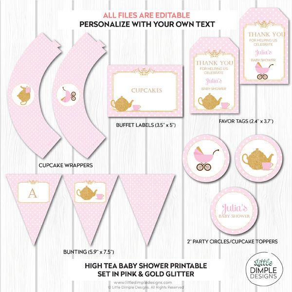 High Tea Baby Shower Decorations in Pink and Gold Little Dimple Designs