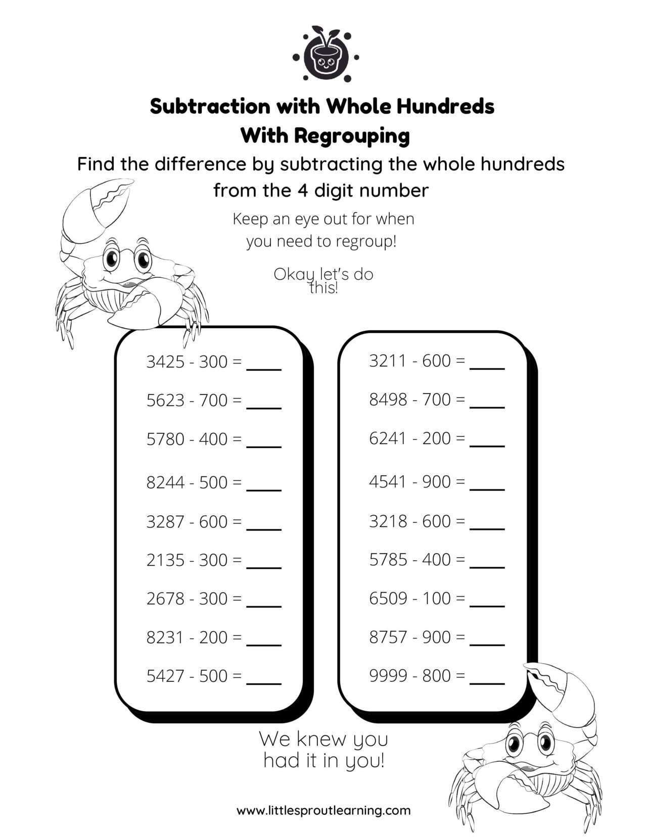 Grade 3 Subtraction Worksheet Subtraction With Whole Hundreds From 4