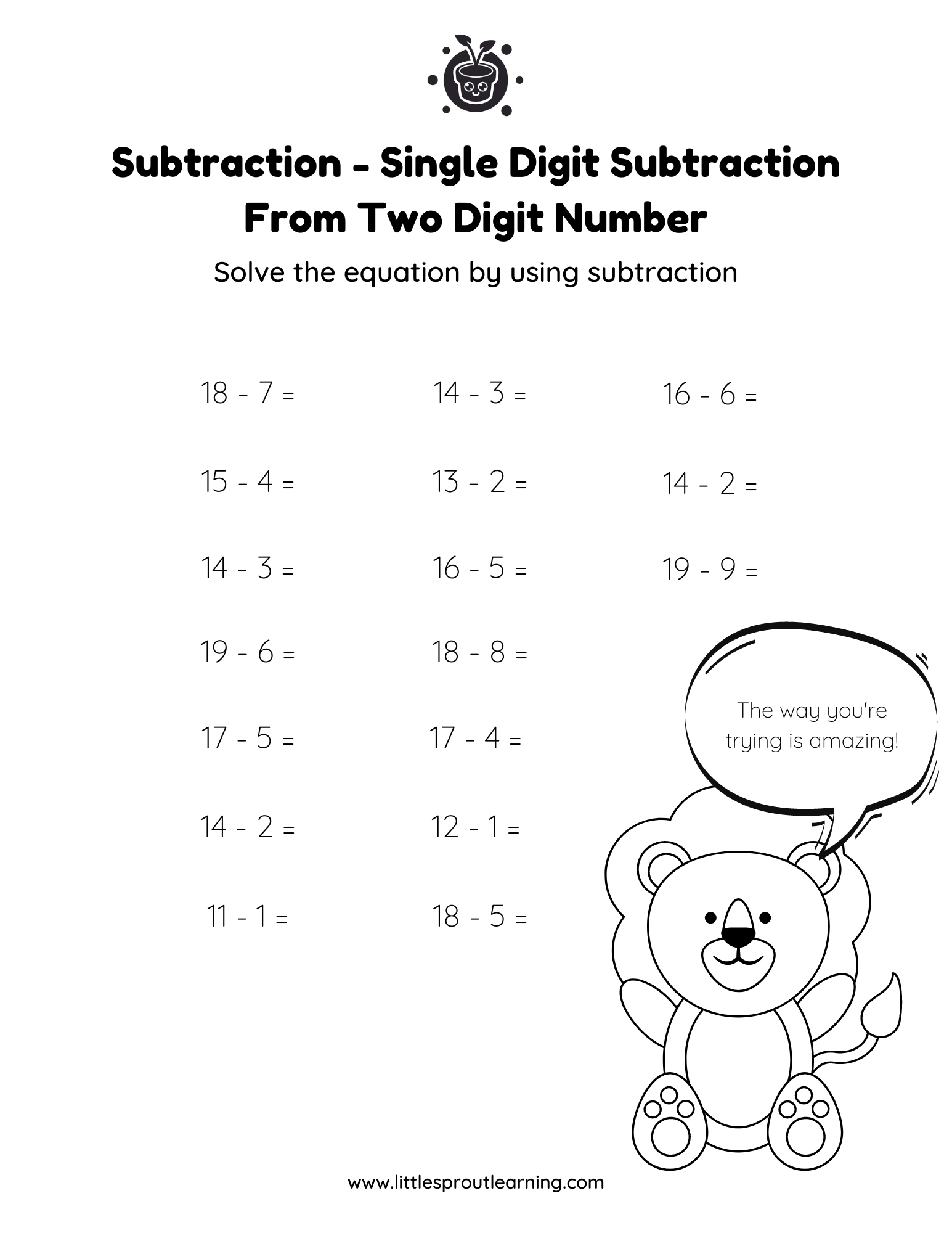 Subtract Single Digits From Two Digits Little Sprout Art