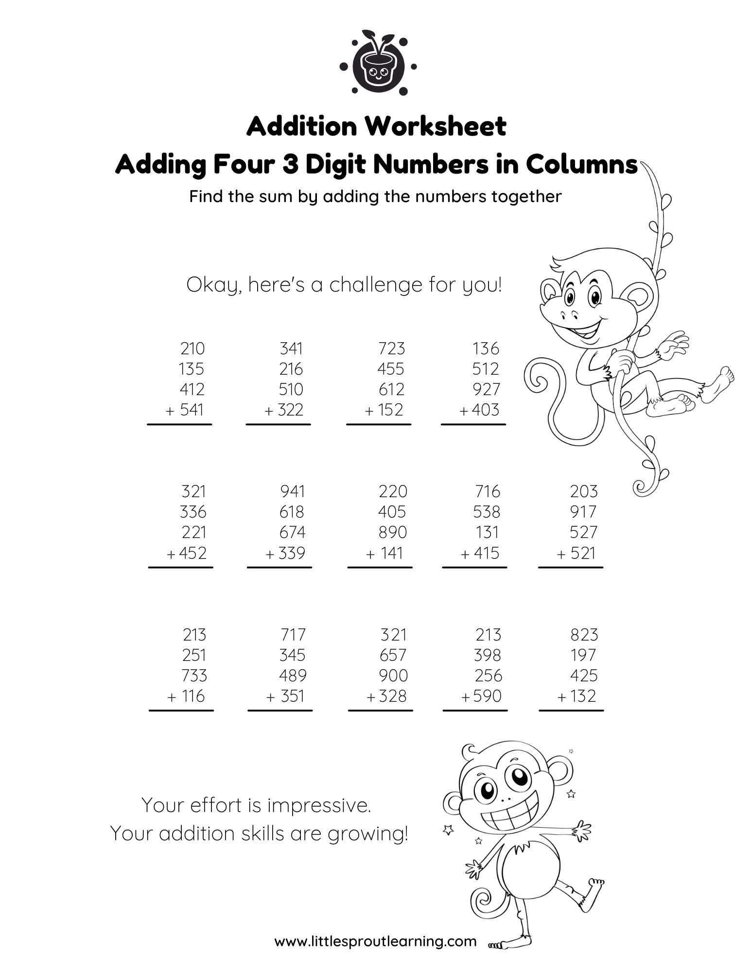 Grade 4 Addition Worksheets - Little Sprout Art + Learning Lab
