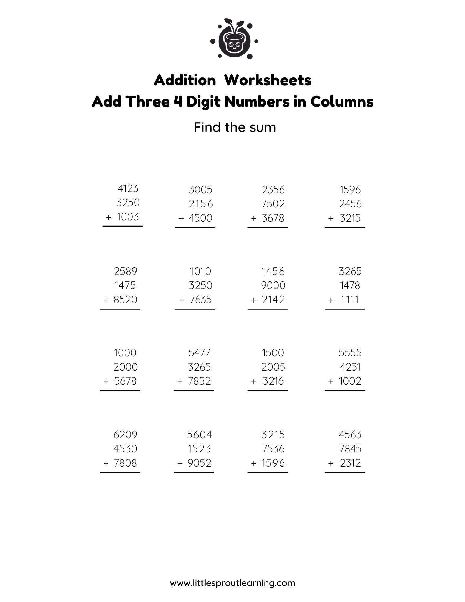 Great Grade 4 Addition Worksheets | Little Sprout Art