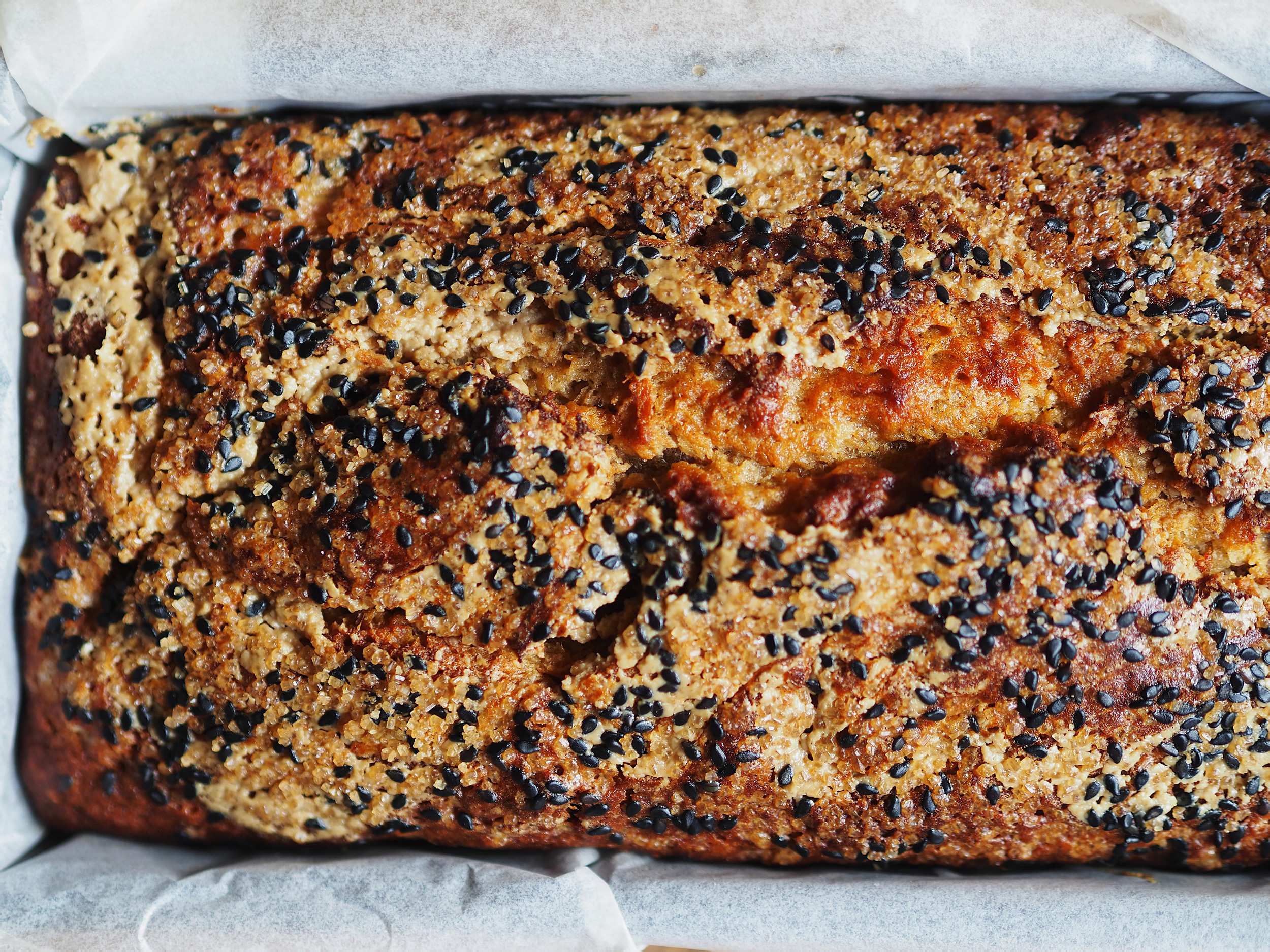 Easy banana bread with chocolate, spices, black sesame and