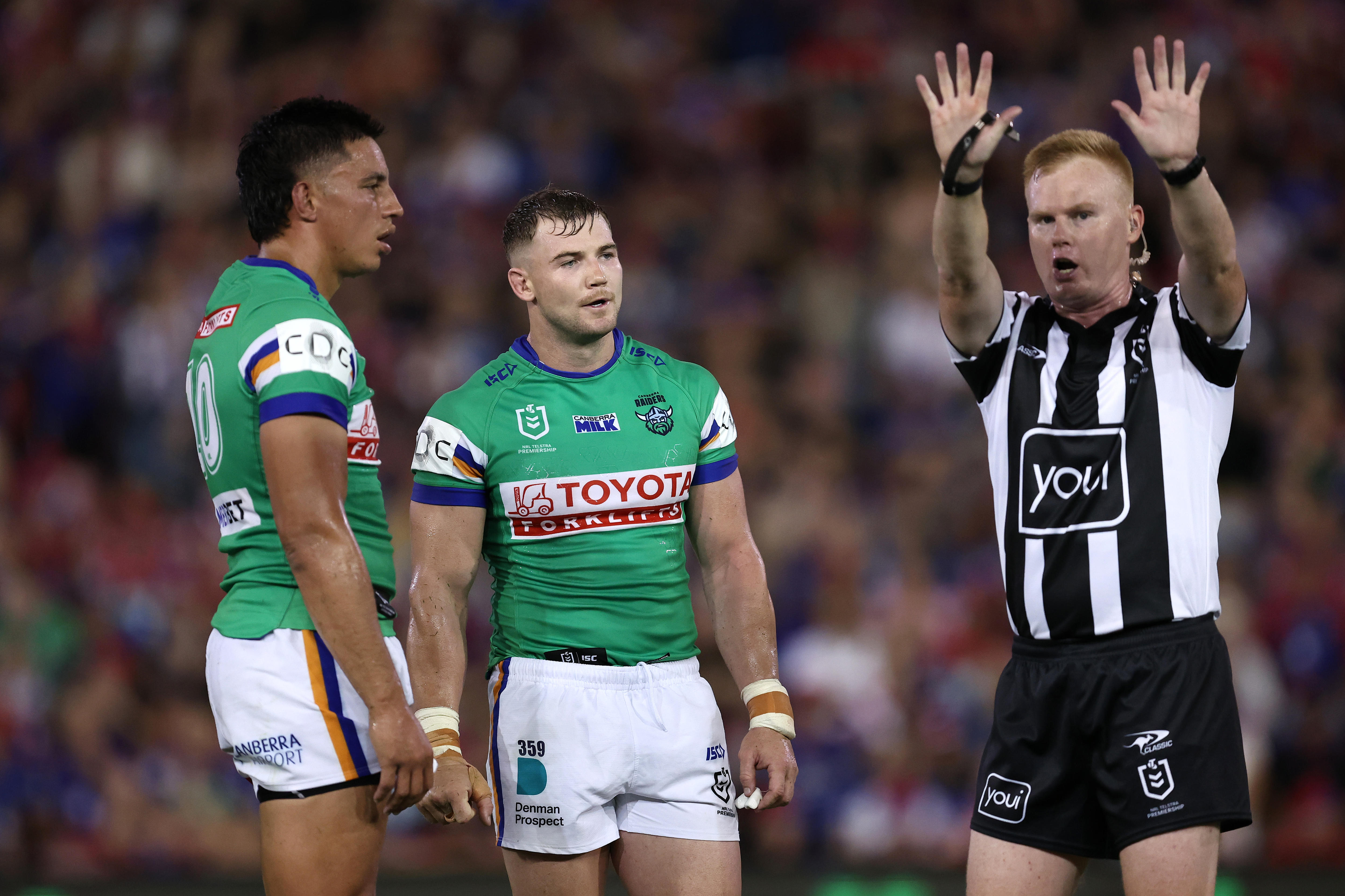 Hudson Young sin-binned for late shot on Kalyn Ponga as Canberra Raiders beat Newcastle Knights in NRL season opener