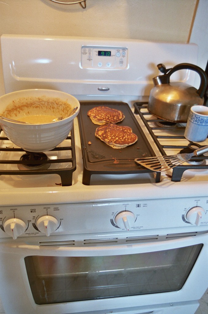 cooking sourdough pancakes, new gas stove Sarah Gilbert Flickr