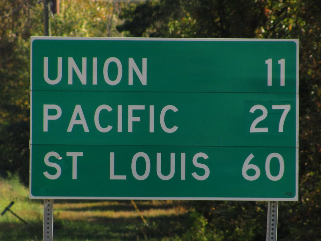 Union, Pacific, St. Louis mileage road sign on US50 at Beaufort, MO