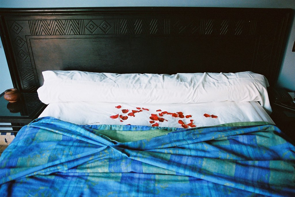bed with rose petals Hotel Caspien, Marrakech, Morocco akaitori