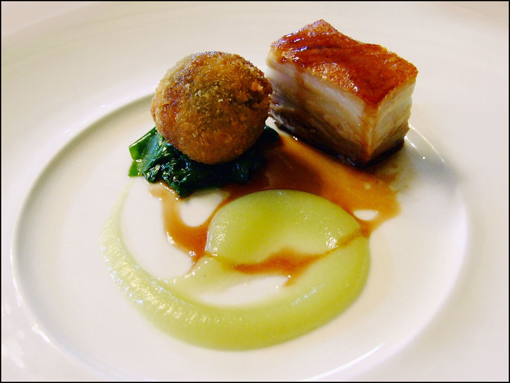 Confit pork belly , Black pudding croquette, Apple puree Flickr