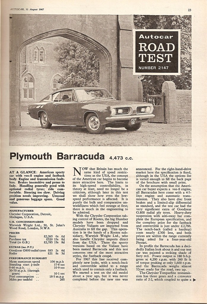 Plymouth Barracuda Road Test 1967 (1) PGN5E Untaxed sinc… Flickr