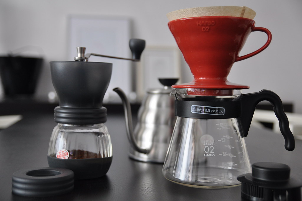 Hario V60 setup consists of skerton (skeleton) hand mill, … Flickr