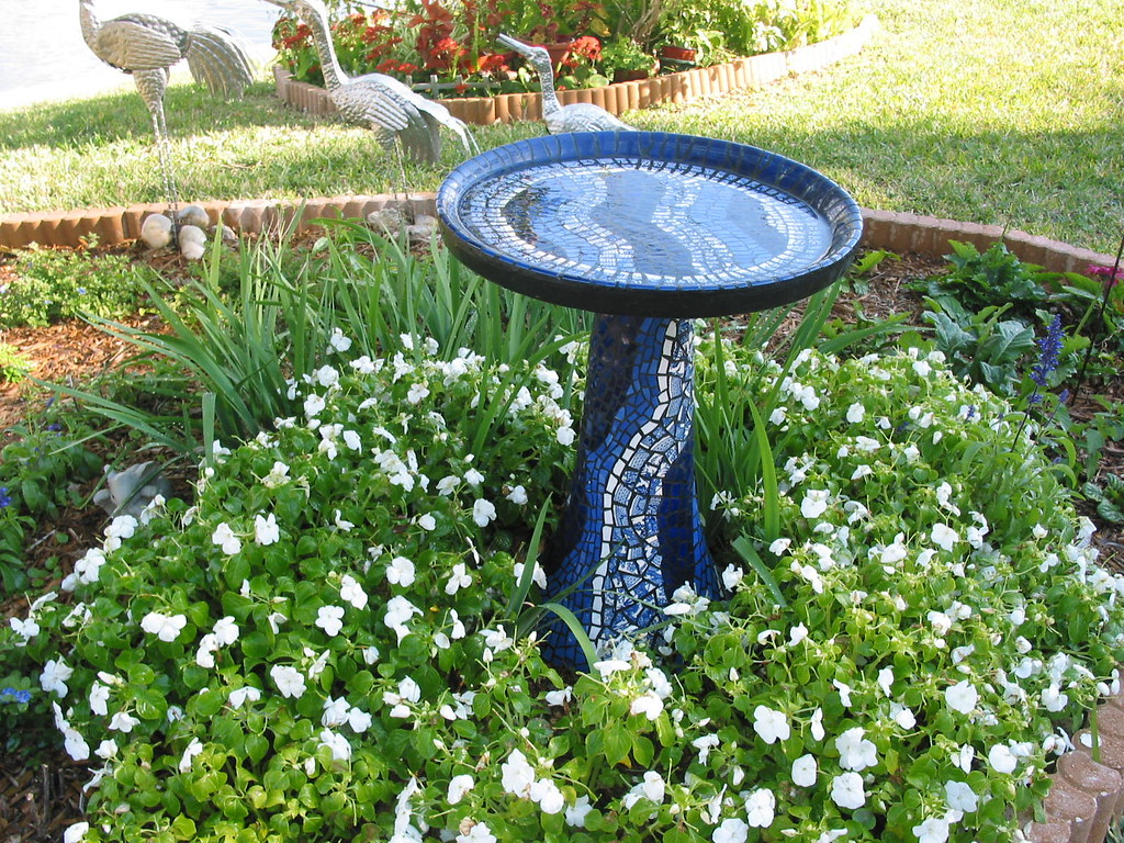 blue mosaic bird bath blue bird bath all broken dishes Flickr