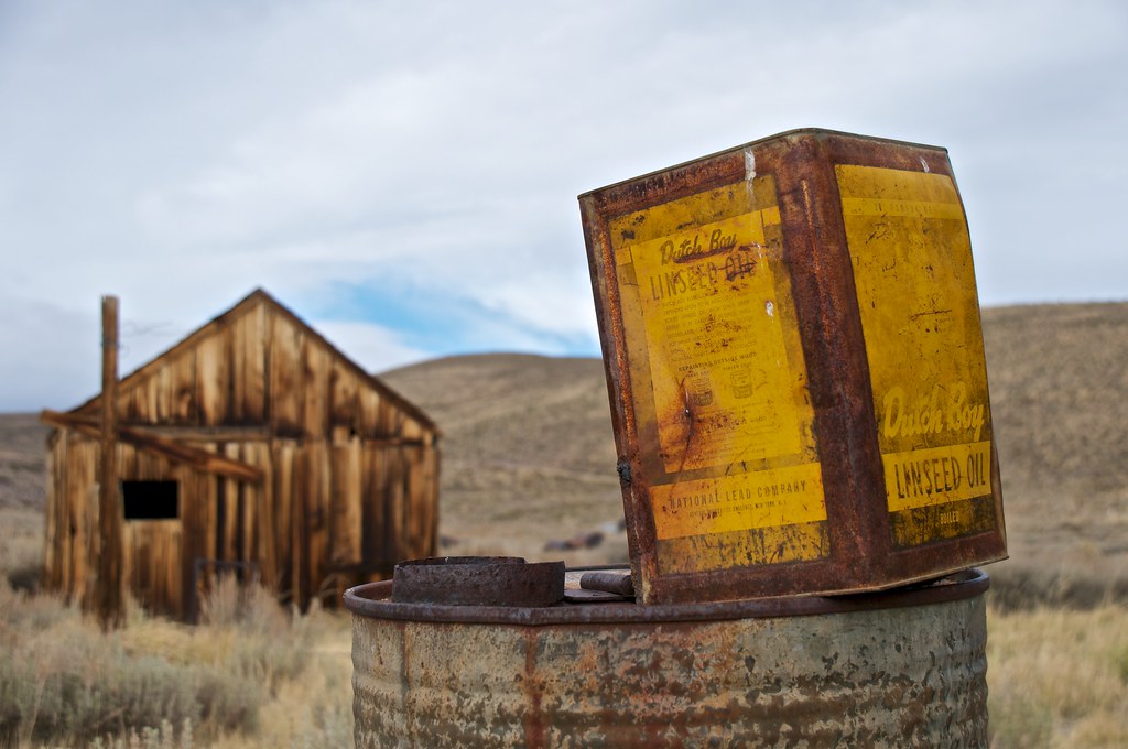 Linseed oil can on an oil drum in Bodie Don DeBold Flickr