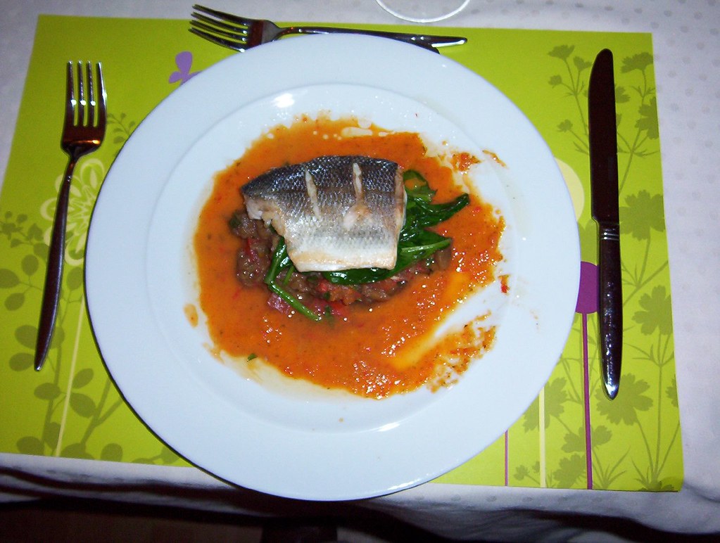 Sea Bass, on aubergine compote with red pepper sauce Flickr