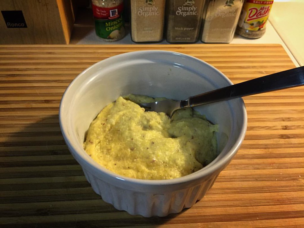 Puréed scrambled eggs w/baby red taters, onions, garlic