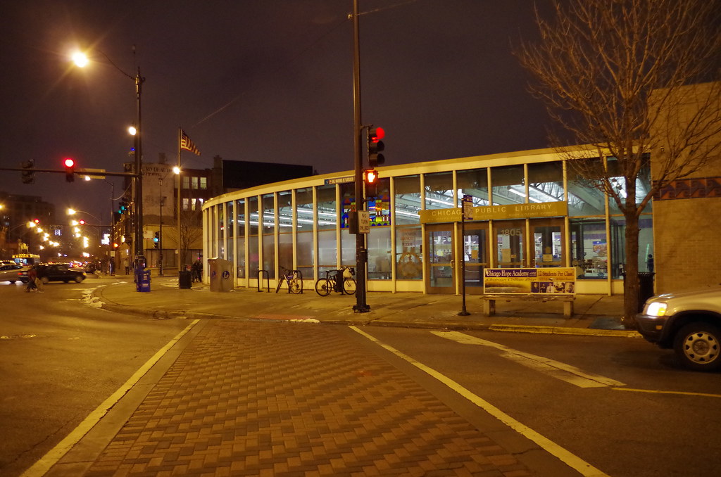 Night Shot of Chicago Public Library Rudy Lozano Branch Flickr