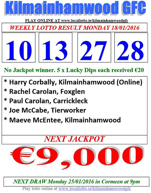 Kilmainhamwood GFC Lotto Results Sheet 18.01.16 KwoodGFC_… Flickr