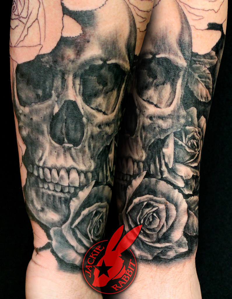 Realistic Skull Roses Sleeve Tattoo by Jackie Rabbit Flickr