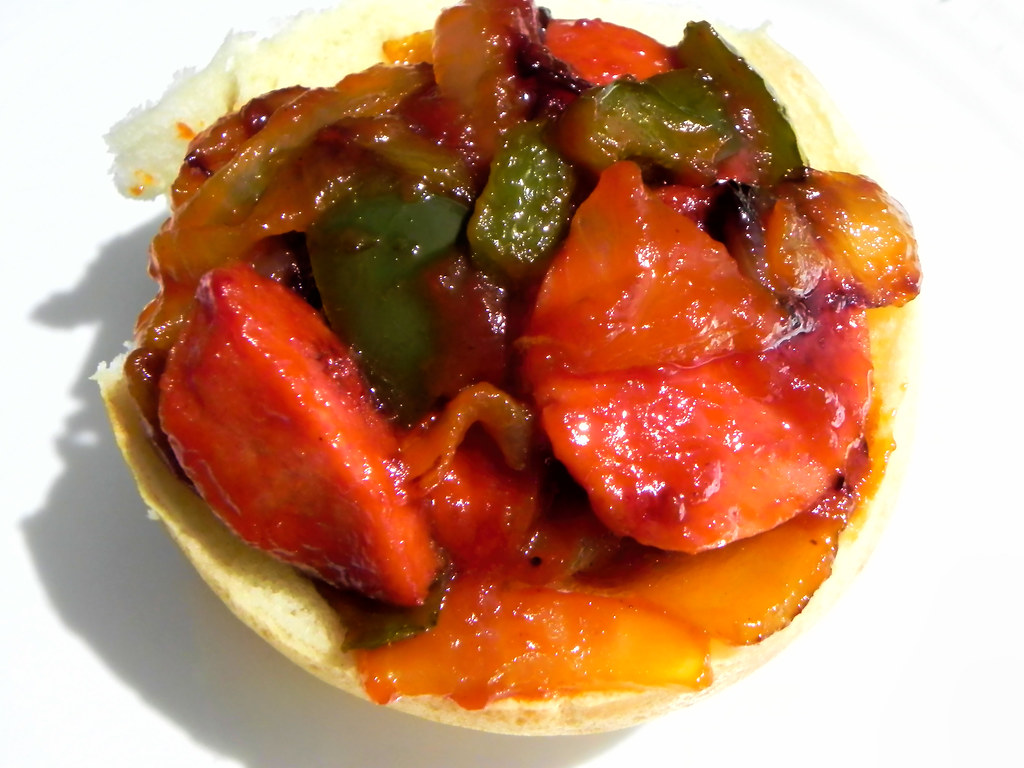 Fried Ring Bologna, Onions, Ketchup and I added peppers! Flickr