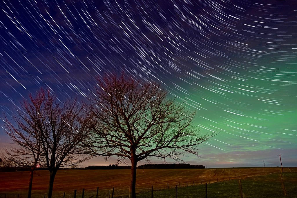 Northern display Northern Lights and star trails at Ellon