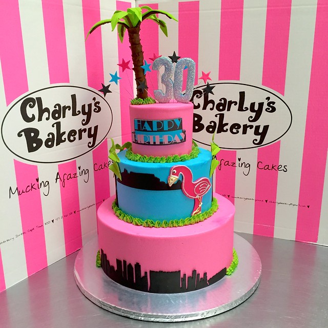 Miami Vice themed 3tier 30th birthday cake with skyline, flamingo
