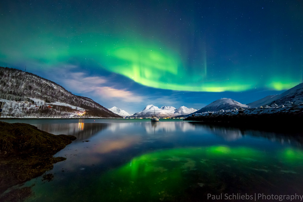 Northern Lights over the Fjords of Norway Tromso, Norway