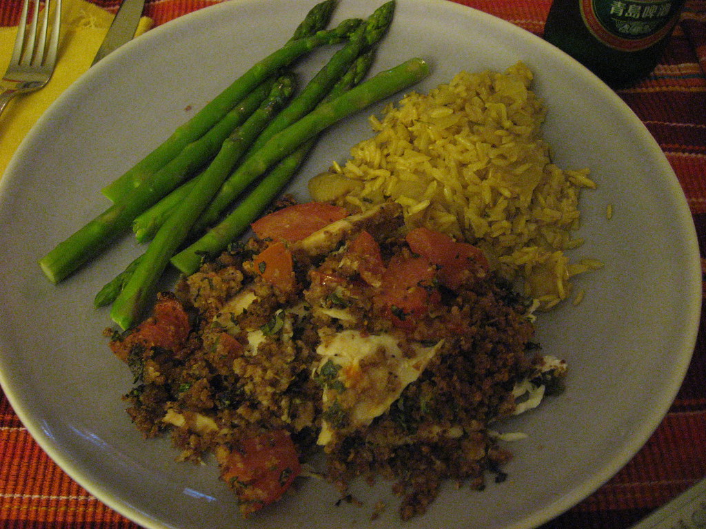 tilapia with cumin seeds, tomato & bread crumbs shaygo Flickr