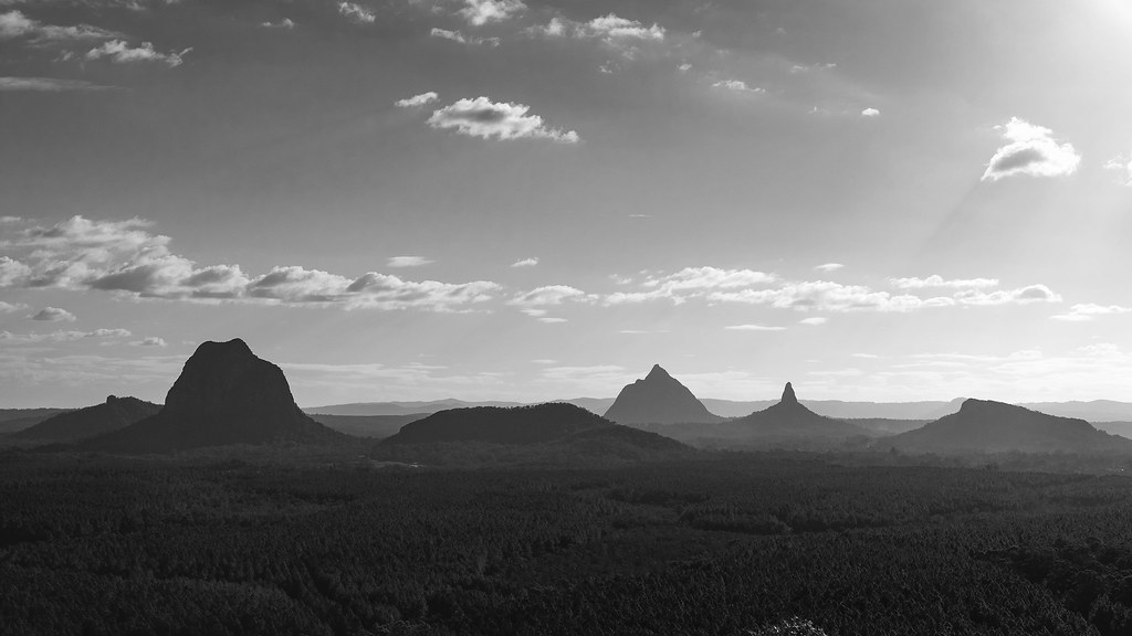 Glass House Mountains from Wild Horse Mtn lookout www