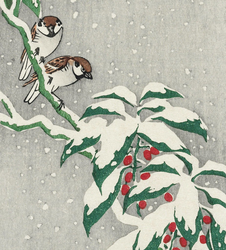 Sparrows on snowy berry bush (19001945) by Ohara Koson (1… Flickr