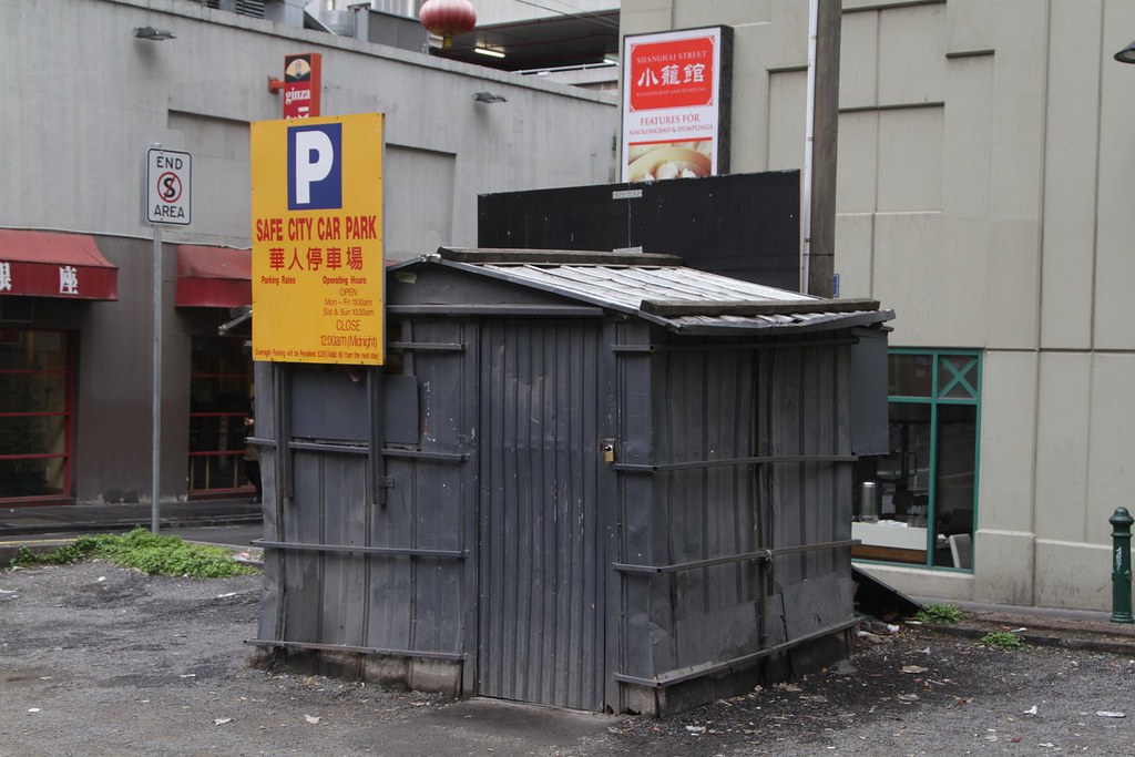 Car park attendant's shed at the 'Safe City Car Park' at 132 Little