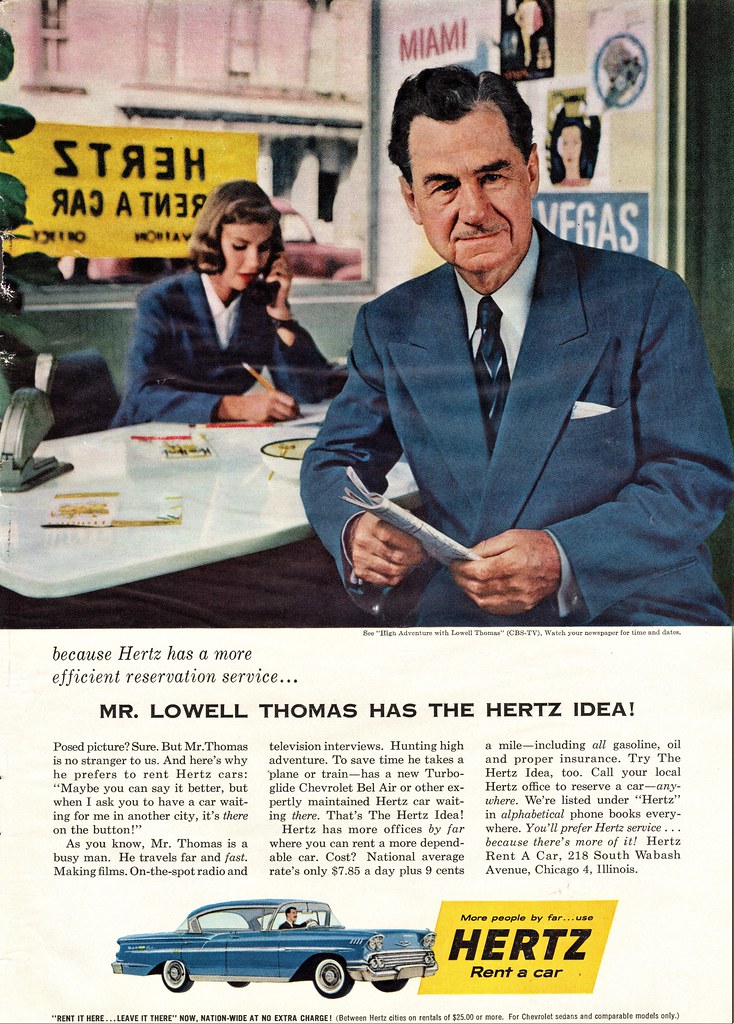 1958 Hertz Rent a car ad with Lowell Thomas & Chevrolet Bel Air a
