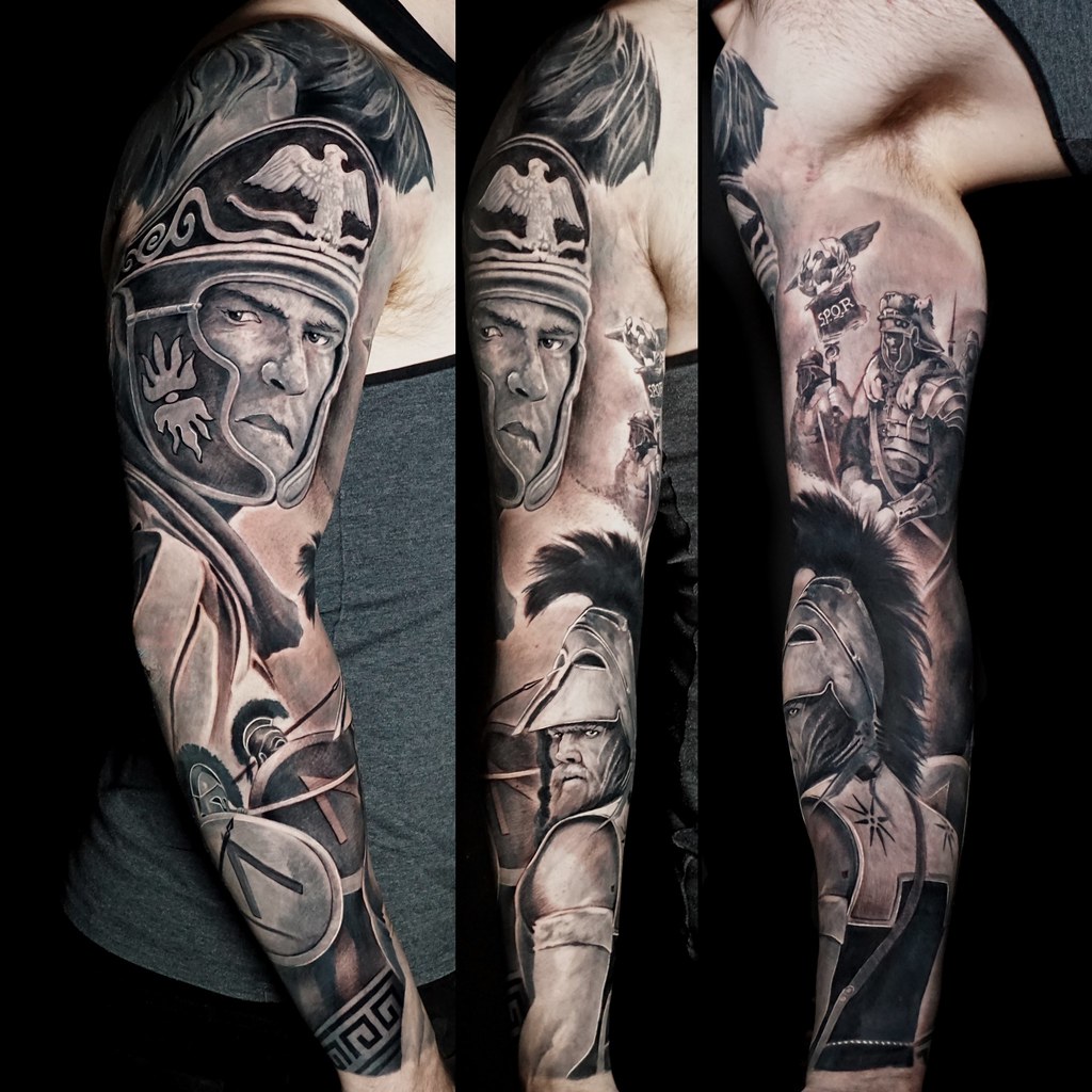 Black And Grey Full Sleeve Realism Tattoo Of Roman And Gre… | Flickr 1024_x_1024_jpg