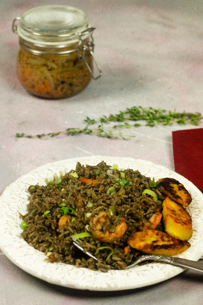 Haitian Black Mushroom Rice with Shrimp Diri Ak Djon Djon ak Kribich