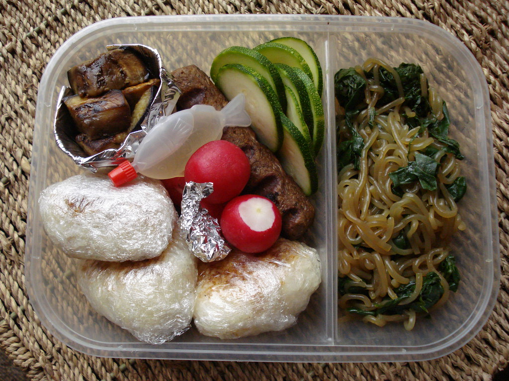 Bento box lunch, in improvised bento box Fried aubergine, … Flickr