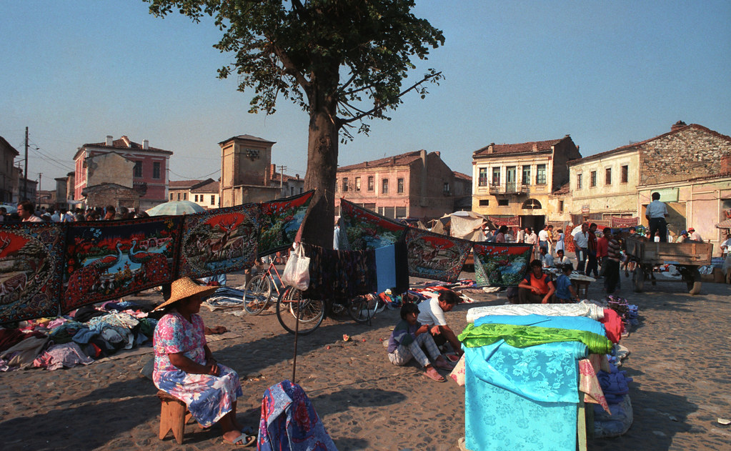 {IPTCstatus.title} Street market, Korce, Albania, 1994 D J Clark